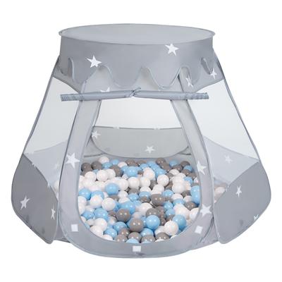 Selonis Spielzelt 105 x 90 cm/200 Bälle, Burghaus, Pop-Up-Ballpit, Plastikbälle für Kinder, grau:grau/weiß/babyblau