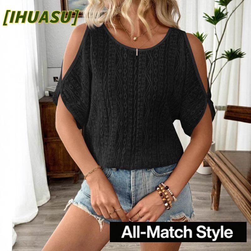 IHUASU Women's Fashion Casual O-Neck Short Sleeve Blouses & Shirts