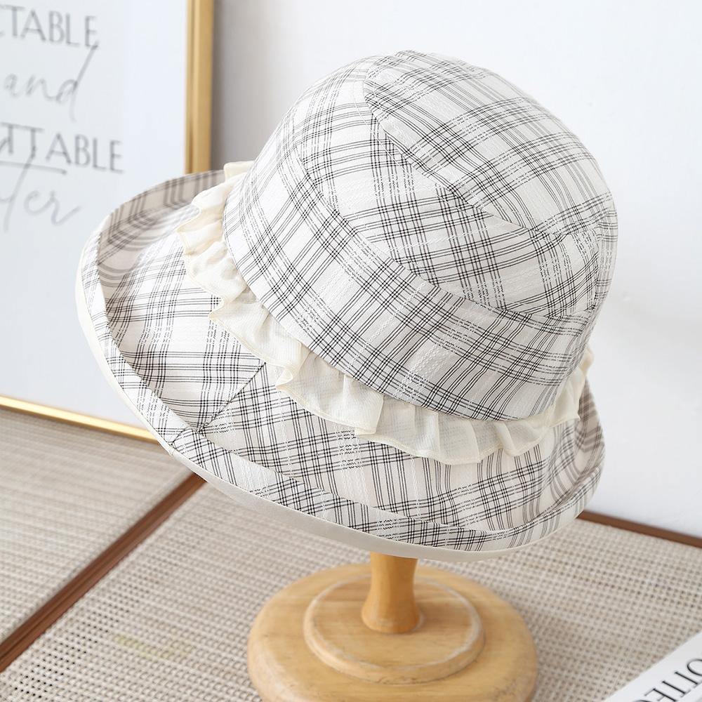 Japanese Retro Color Matching Bucket Hats Plaid Lace Design Caps Women Spring Summer Travel Sunscreen Versatile Literary Sun Hat