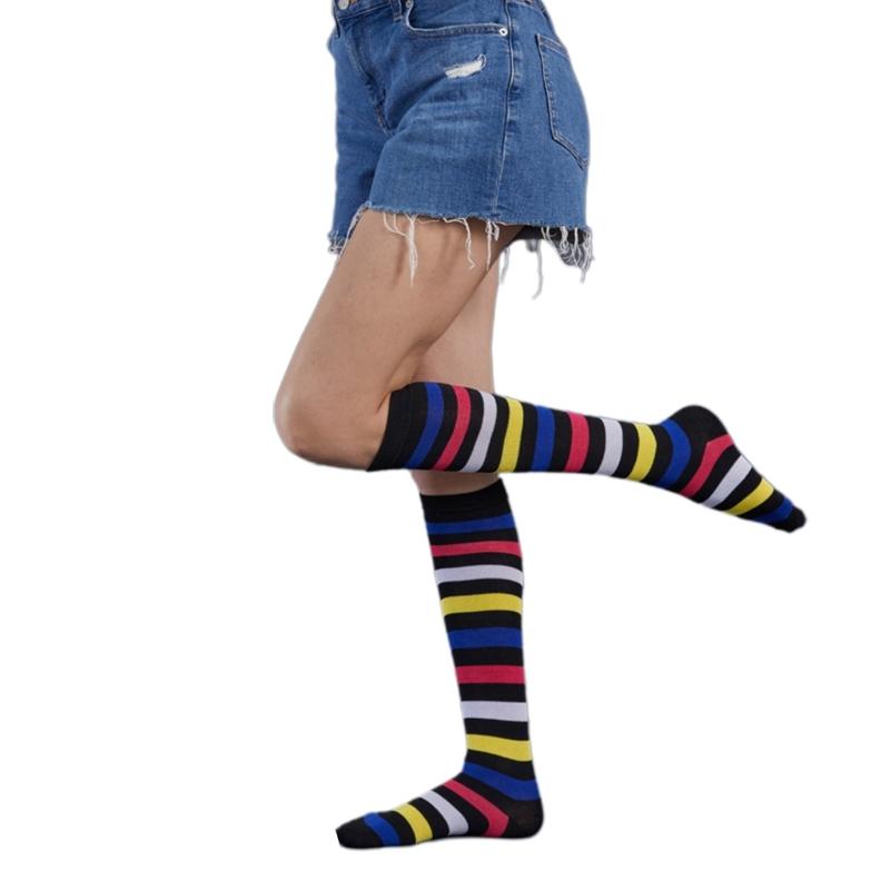 Women Striped Cotton Knee High Socks Long Stripe Printed Thigh High Striped Cotton Socks Colorful Fun Knee High Socks