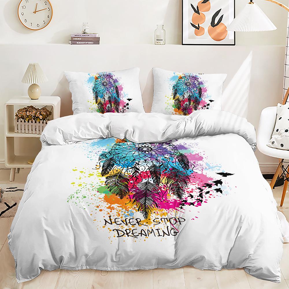 Three-Piece 3D Quilt Cover Dream Catcher Feather Dark Kit Bedding