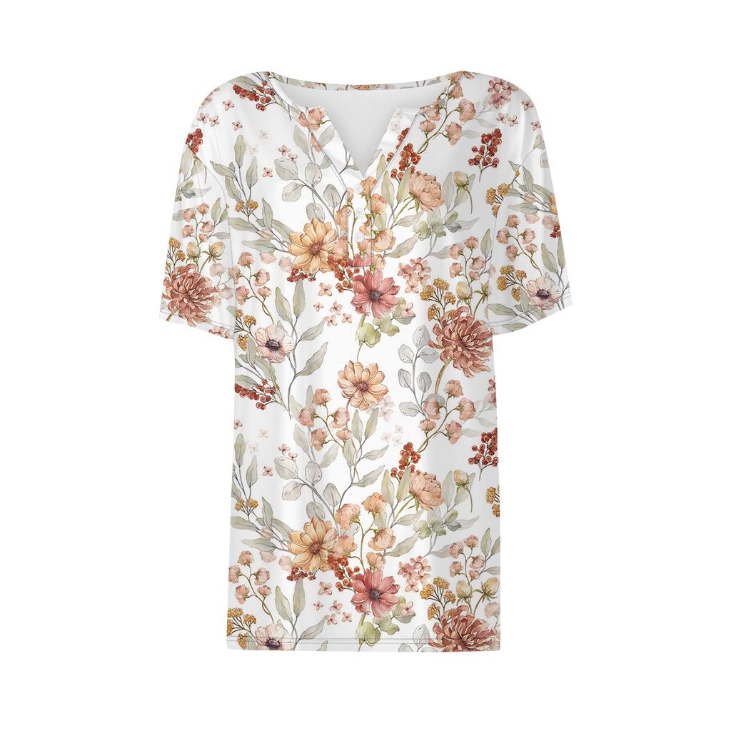 Women's Casual Floral Print V-Neck Short Sleeve Decorative Button T-Shirt Top