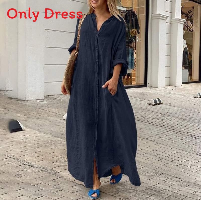 Cotton Linen Long Dress With Stand Collar For Casual Summer Women