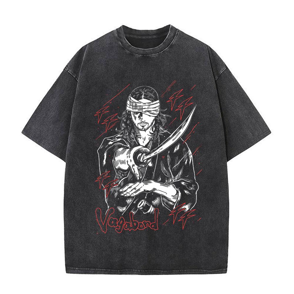 Japanese Anime Vagabond Miyamoto Musashi Vintage Washed Tshirts Men Women Clothing Fashion Retro Cotton Short Sleeve T Shirts