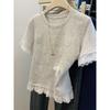 T-shirt corta a maniche corte in puro cotone grigio con inserti in pizzo, finto due pezzi, per donna, estiva, top corti aderenti Ins