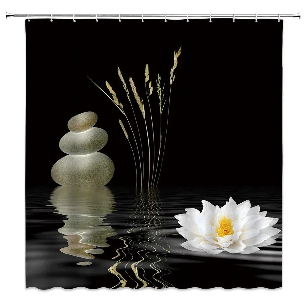 Stones And White Lotus In Water Shower Curtain Zen SPA White Bathroom Waterproof Extra Long Polyester Fabric for Bathtub Decor