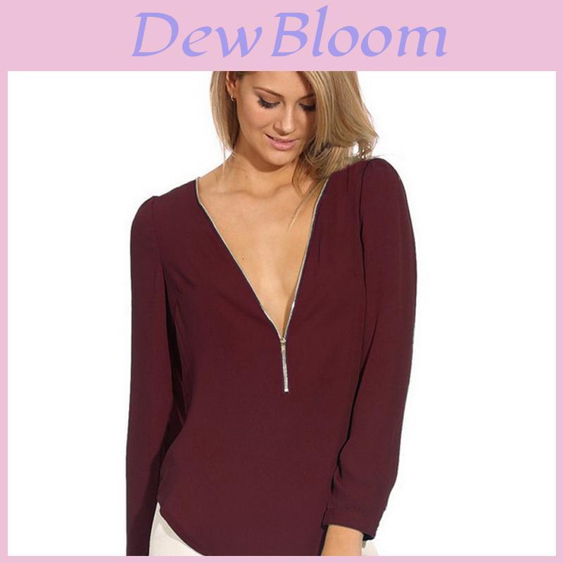 Elegant Women's Fashion Casual Autumn Blouse With V Neck And Long Sleeves Zipper Top