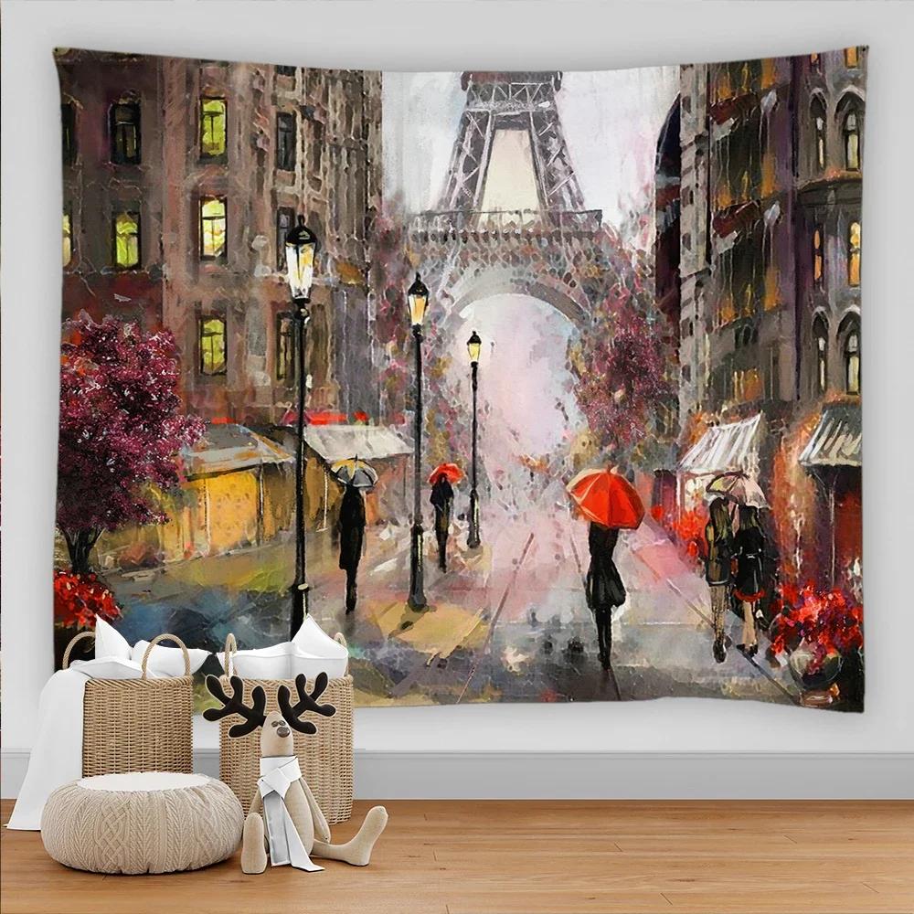 Paris Tapestry Backdrop Wall Art Eiffel Tower Photo Banner Background European City Landscape Pink Hanging Decor