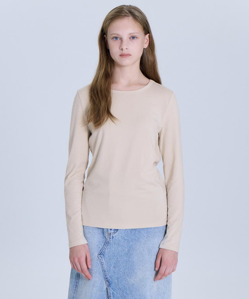 BASIC HOUSE Women'S Slim Fit Spandex Long Sleeve T-Shirt Beige Lats0208