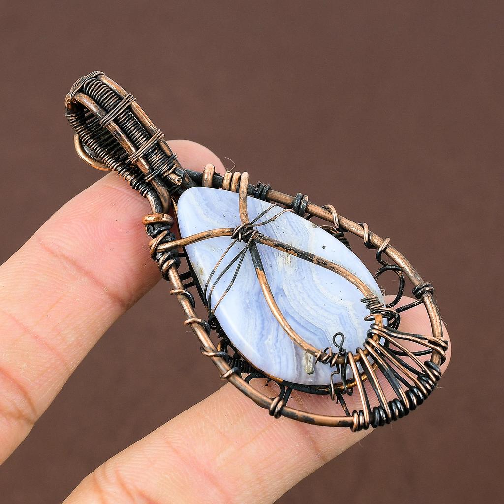 Blue Lace Agate,Labradorite Gemstone Copper Wire Wrap Jewelry Pendant 2.76"