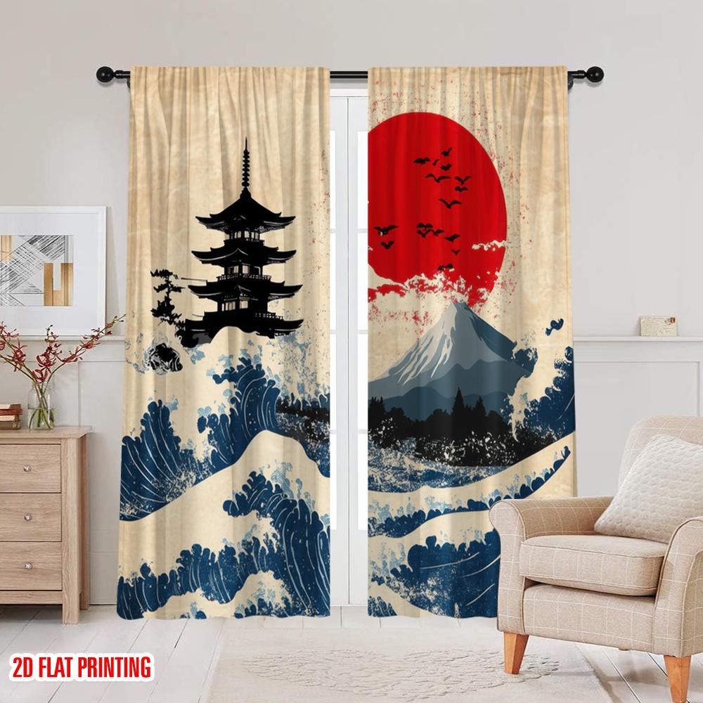2pcs,2D Plane Printing Curtain Popular Japanese Serenity 100% Polyester (without Rod) Home Decor Ldeal for Living Room & Kitchen