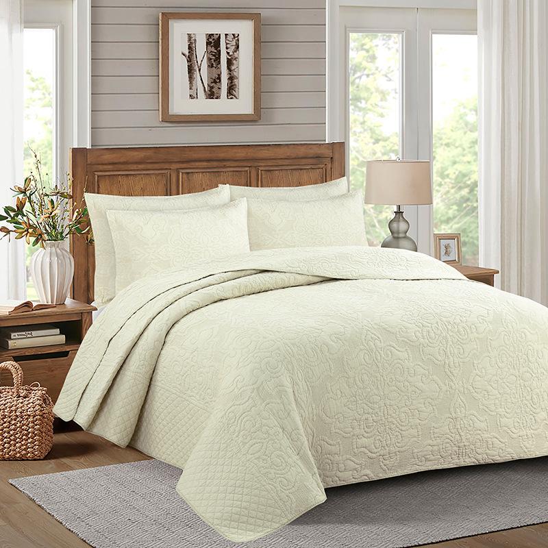 American-Style Quilted Cotton Bedspread Set - 3-Piece Washed Solid Color Bedding