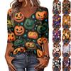 Womens Halloween Print V Neck Three Quarter Sleeve Casual Top Lightweight Comfortable Fit Seasonal Shirt for Fall