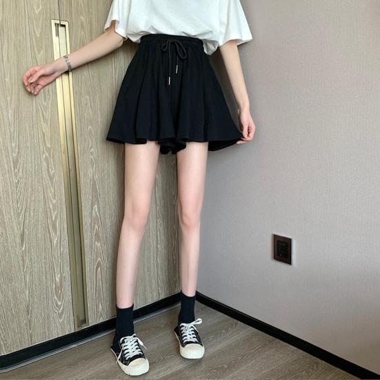 Women Casual Shorts High Elastic Adjustable Drawstring Design Short Pants Solid Color Pockets Design Wide Leg