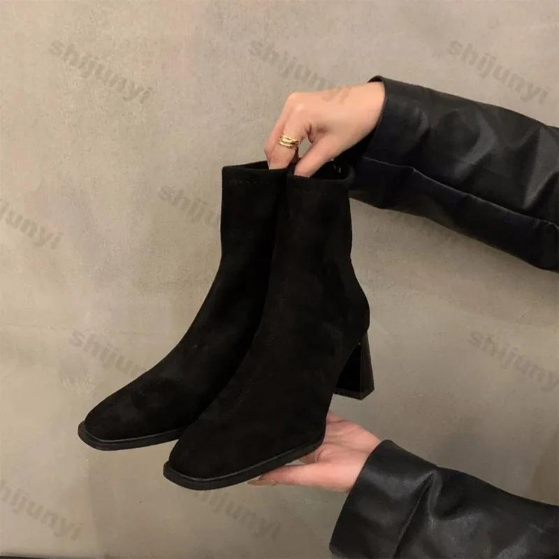 Vintage Women Ankle Boots 2026 Fashion Square Toe Thick High Shoes Autumn Winter New Ladies Elegant Stretch Slim Short Booties