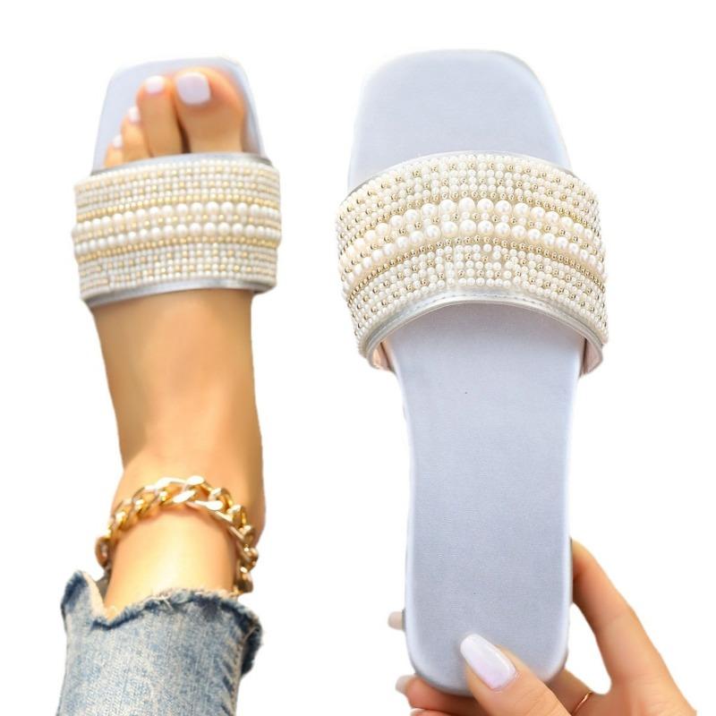 Large size Xiaoxiangfeng one-word slippers women's outer wear square head pearl flat-soled slippers cross-border women's shoes