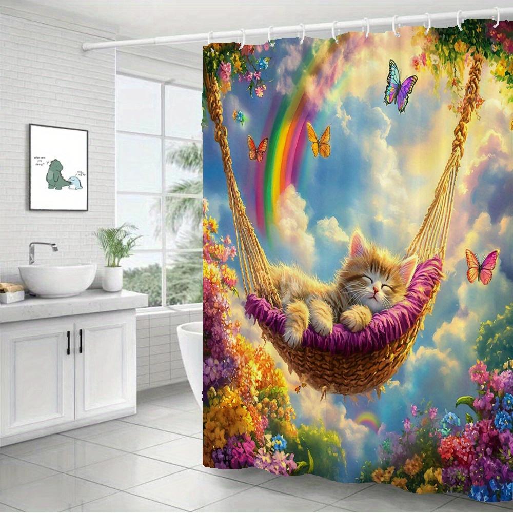 Adorabile Gatto in Amaca Tenda da Doccia Impermeabile Resistente alla Muffa - Design Farfalla Arcobaleno per un Arredo Bagno Magico