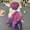 Printed Set Spring Summer Fashion Women Loose Short Sleeve Top High Waist Pleated Half Body Skirt Suit