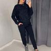 2 Pcs/Set Women Top Pants Suit Rhinestone Decor O Neck Long Sleeves Patchwork