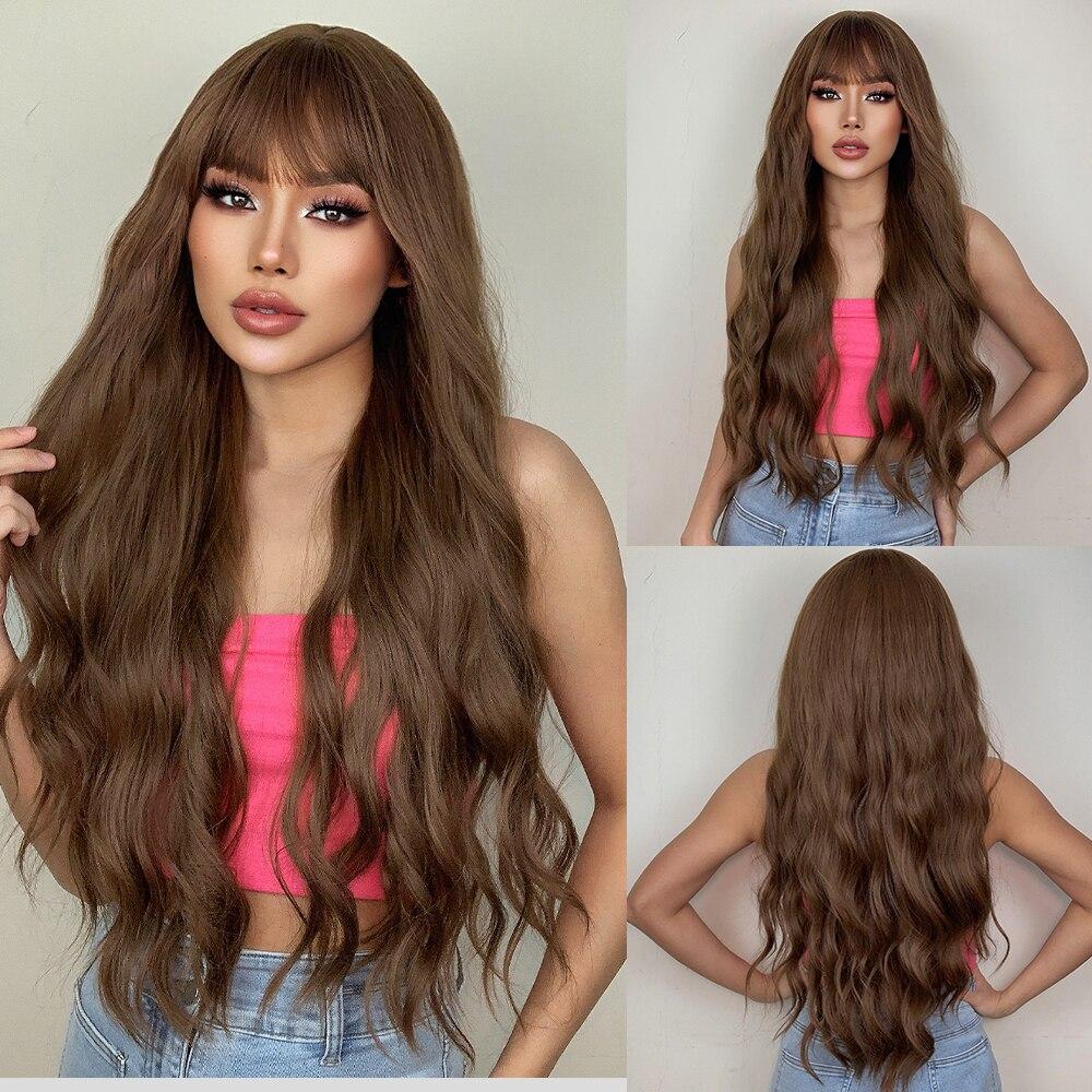 EASIHAIR Platinum Blonde Synthetic Wigs Long Water Wave Natural Hair Wig with Bangs for Women Cosplay Heat Resistant Wigs