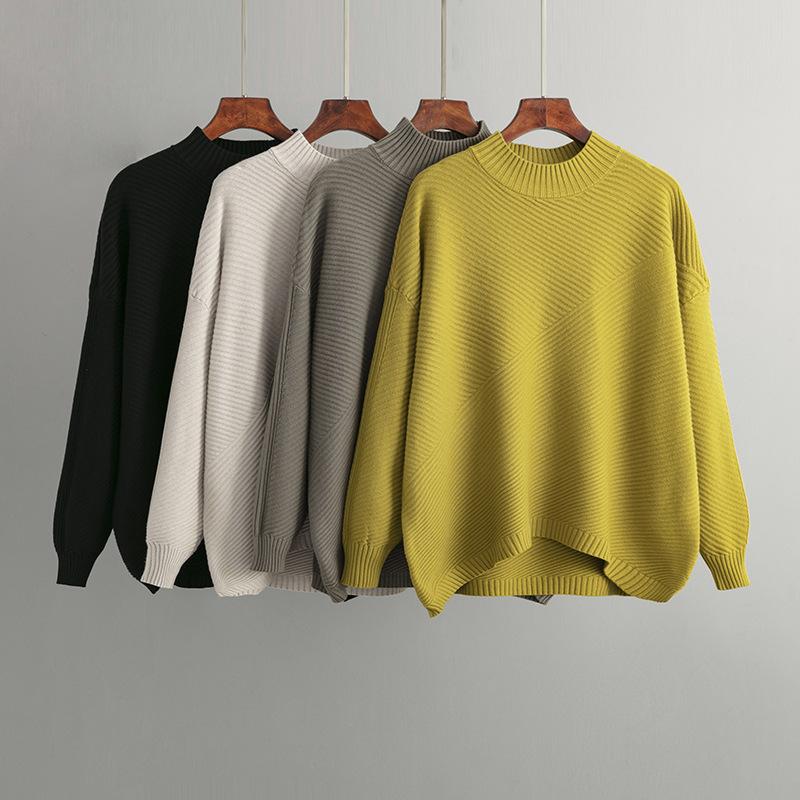 Autumn Winter Vintage Loose Large Sleeve Top Solid Color Pullover Knitwear Half High Collar Sweater