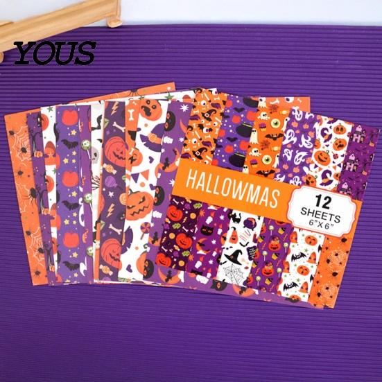 Paper Crafting Halloween Supplies 12 Sheets Scrapbook Set, 6x6in Double-Sided Craft Paper, Pumpkin Ghost Bat Pattern Decorative for Journal,