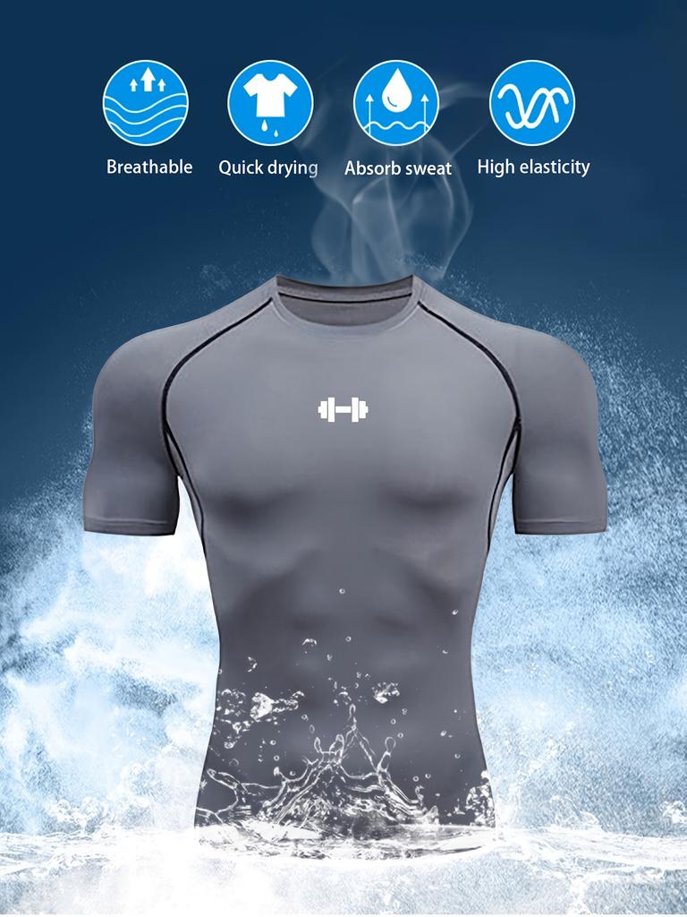 Men Compression T-Shirt with Barbell Print Breathable, Quick-Dry, Sweat Absorbent, High Elasticity Ideal for Gym, Running Sports