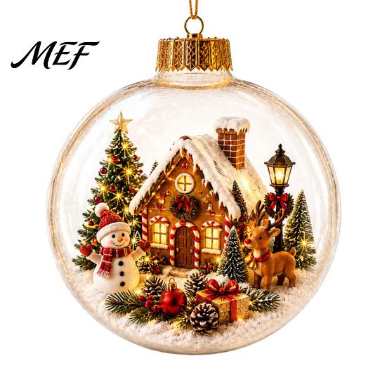 Christmas Party Hanging Trinkets Glowing Story Ornament, Mini Holiday Scene In Ball with Warm LED Ornaments Light, 3D Clear Acrylic Decoration