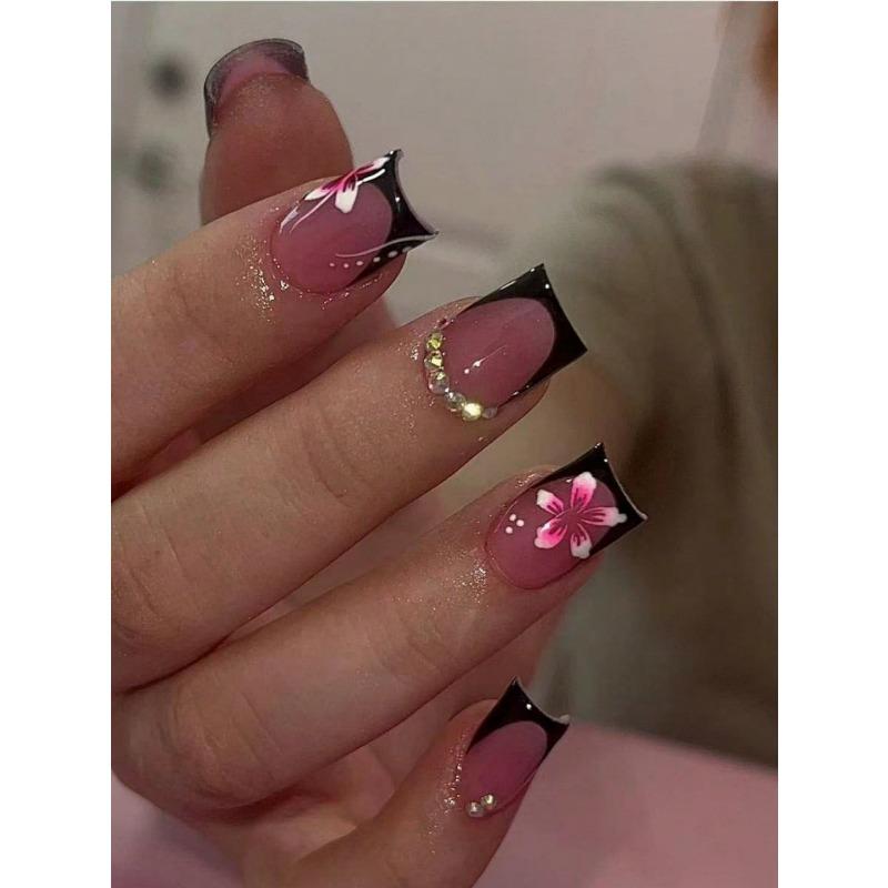 24Pcs/Set Short Square Press-On Nails Diy Rhinestone Decorated Fake Nails For Women, Nail Art Kit For Girls Party Nail Supplies