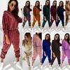 Women's Solid Color Velvet Tracksuit Set, Hooded Drawstring Sweatshirt with Jogger Pants, Athletic Leisure Two Piece Outfit for Casual Wear