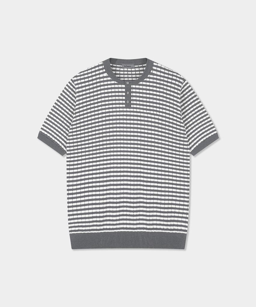 BIRBANTE Summer Washable Henley Neck Knit - Gray Stripe