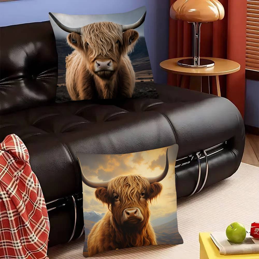 Housse de coussin Vache des Highlands Carrée Mode Housse de coussin Chambre Canapé Salon Décoration Ins Loisirs