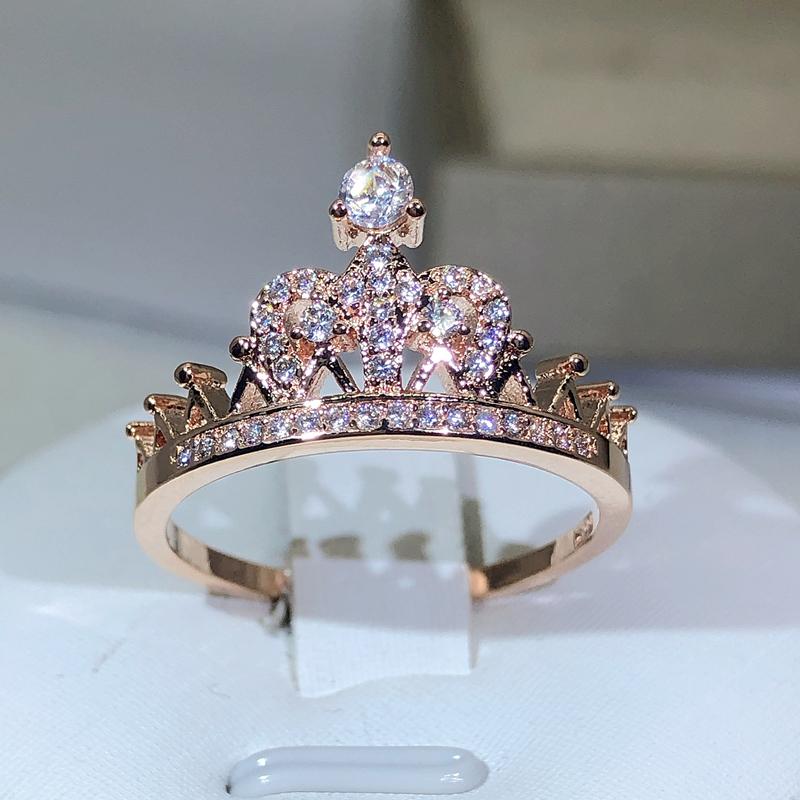925 Silver Exquisite Princess Crown Ring For Ladies Rose Gold Zircon Ring Engagement Birthday Jewelry Gift