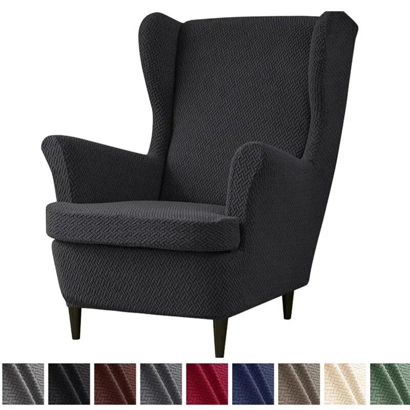 Thicken Elastic Wing Chair Covers  Jacquard Dustproof Wingback Armchair Cover Solid Color Sofa Slipcovers with Seat Cushion