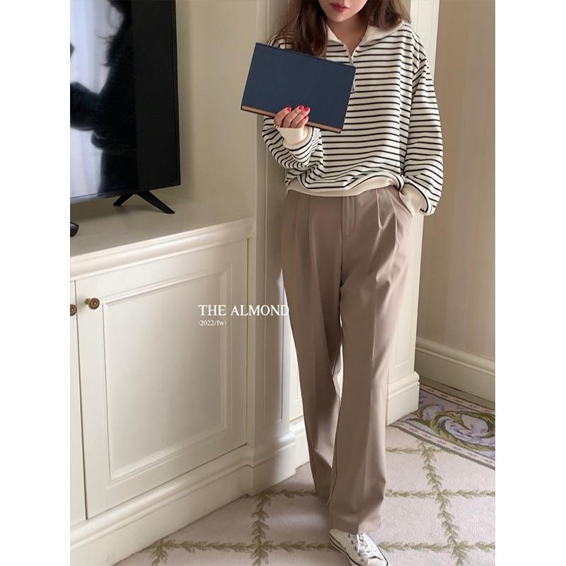 Age-reducing Contrasting Striped Sweater Women's Spring Loose Long-sleeved Bottoming Shirt Large Size Zipper Polo Lapel Top