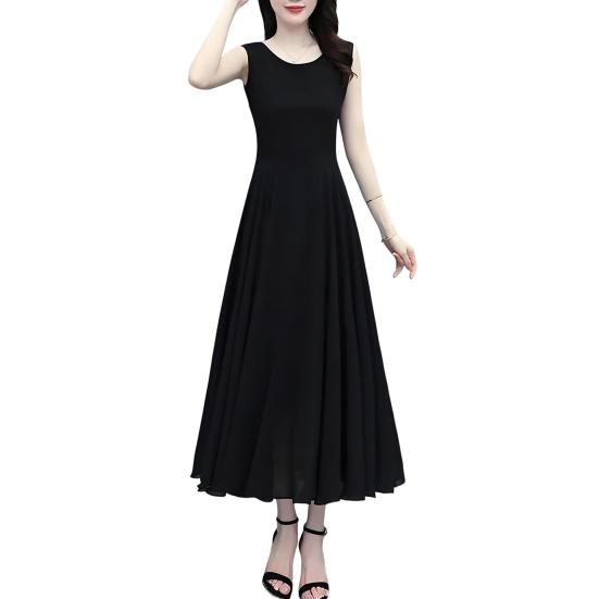 Women Sleeveless Midi Dress Summer Crew Neck Flowy Long Dress Beach Casual Pleated Swing