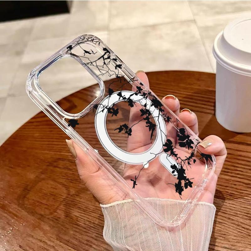 Thorn Flower Black Branch Magnetic Wireless Charge Phone Case for Samsung S25 S24 Ultra S23 S22 Plus S21 S24 FE 5G Clear Cover