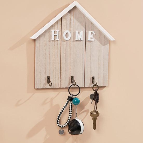 Wall Mount Key Holder Wooden House Shaped Keychain Organizer with 3 Hooks Rustic Key Rack for Entryway Bathroom Hallway Kitchen