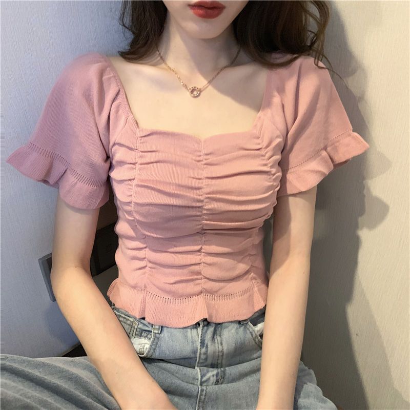 Women's French Square Neck Short Sleeved Knitted Shirt Women's Summer Slim Fit Base Shirt Short Top