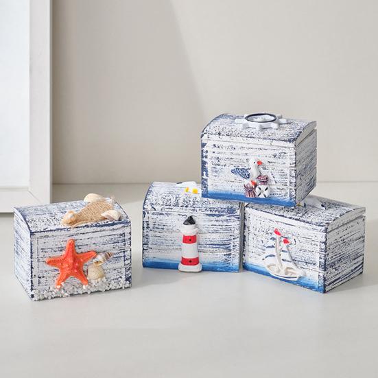 Coastal Wooden Trinket Box Handcrafted Nautical Jewelry Box with Starfish Shells Rustic Decorative Storage Box for Beach Home Decor