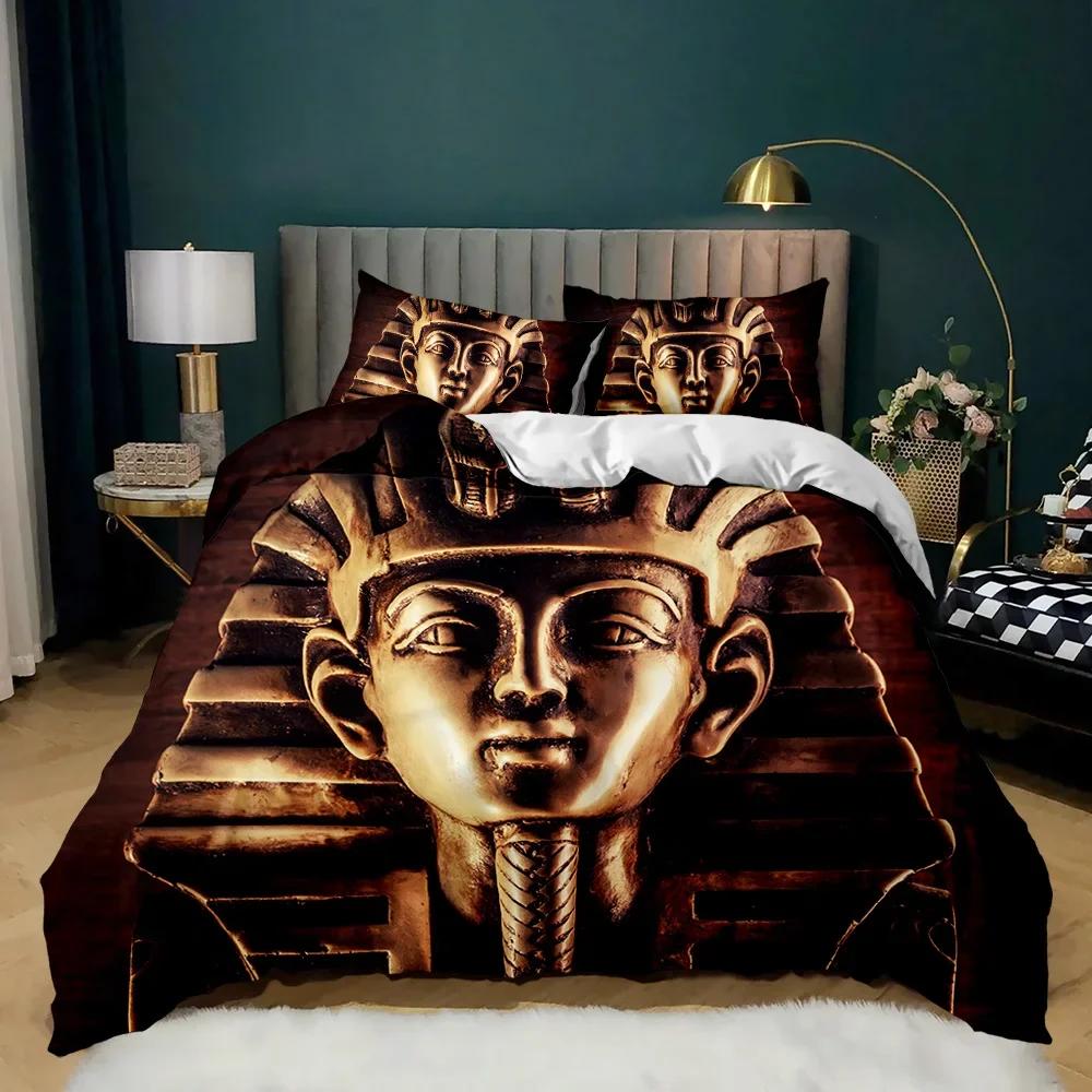 Pharaoh Bedding Sets,King Size 3D Ancient Egypt Tribe Decor Comforter Cover Set for Adult Egyptian Pyramid Polyester Duvet Cover