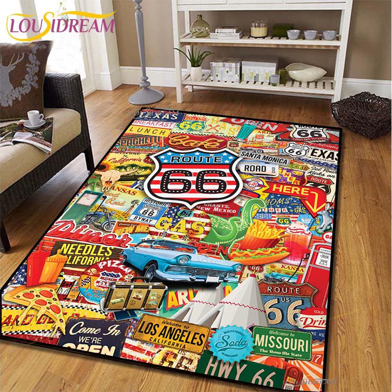 Route66 Motorrad Teppich für Wohnzimmer Schlafzimmer Teppiche Küche Kinder Tür Rutschfeste Bodenmatten Geburtstagsgeschenk Fotografie Requisiten Teppich