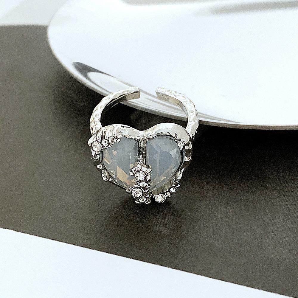 Fashion Love Heart Zircon Open Rings Set for Women  Sweet Girls Geometric Finger Rings Jewelry Accessories