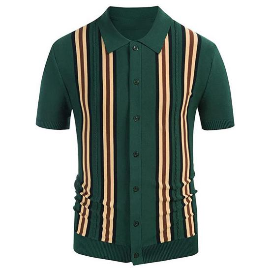 Men Shirt Contrast Color Single-breasted Short Sleeve Stripe Print Knitted Summer Tops Male Clothes