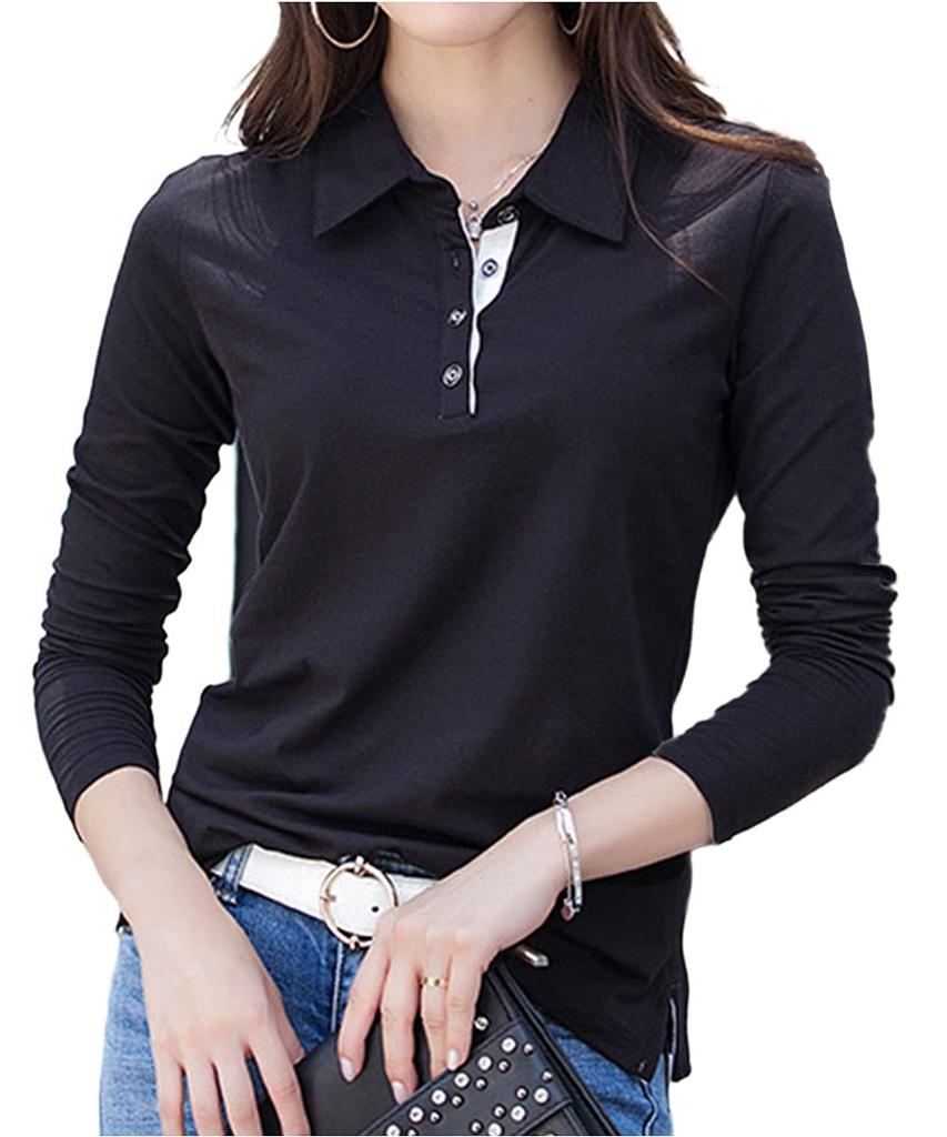 three Joy Women's Long Sleeve Polo Shirt Quick-Dry Two-Tone Cotton Office Casual Plus Size (Black, S)