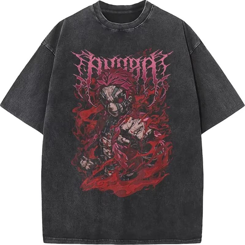 Japanese Anime Demon Slayer Akaza Graphic Washed T-shirts Women’s Men's Clothing Harajuku Y2K Oversized Cotton Half-sleeve Tops