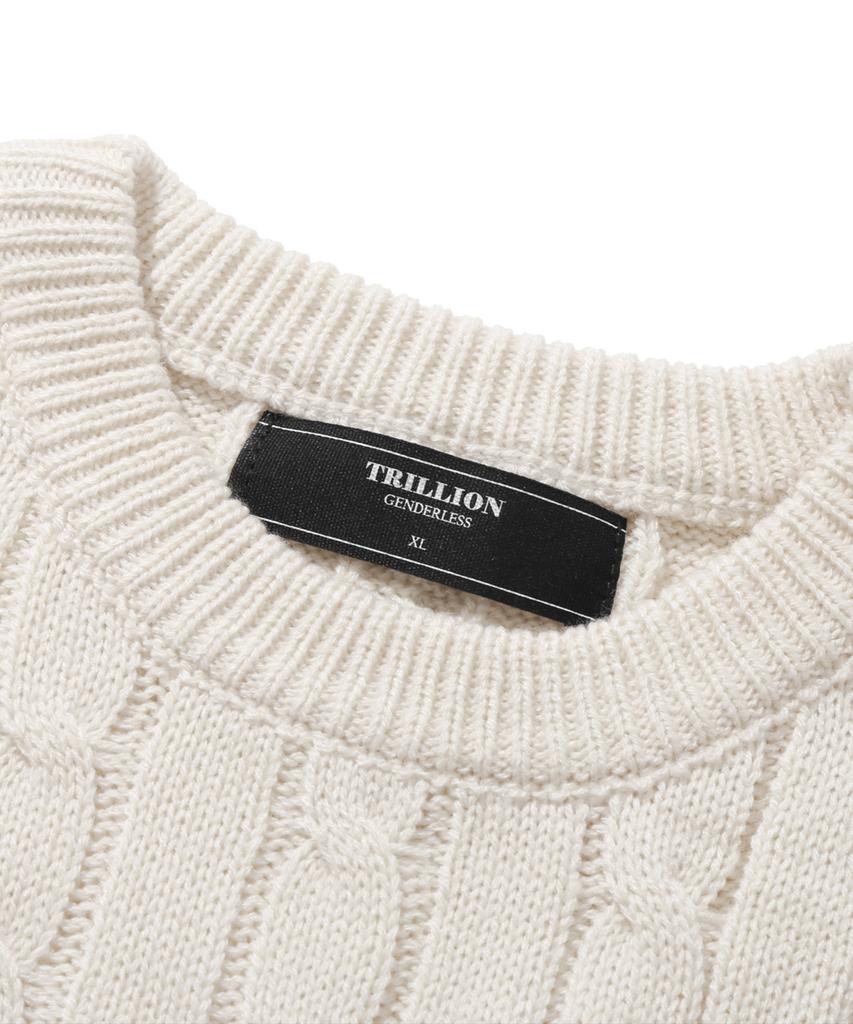 TRILLION Washable Boat Embroidery Cable Crew Neck Knit (Ivory)