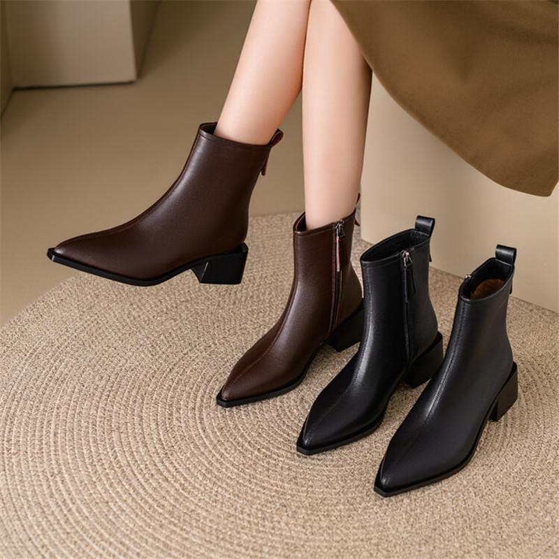 Fashion New Autumn Winter Cow Leather Women Boots Fashion Pointed Toe Knight Boots for Women Short Boots Women Chunky Heel Botas Mujer