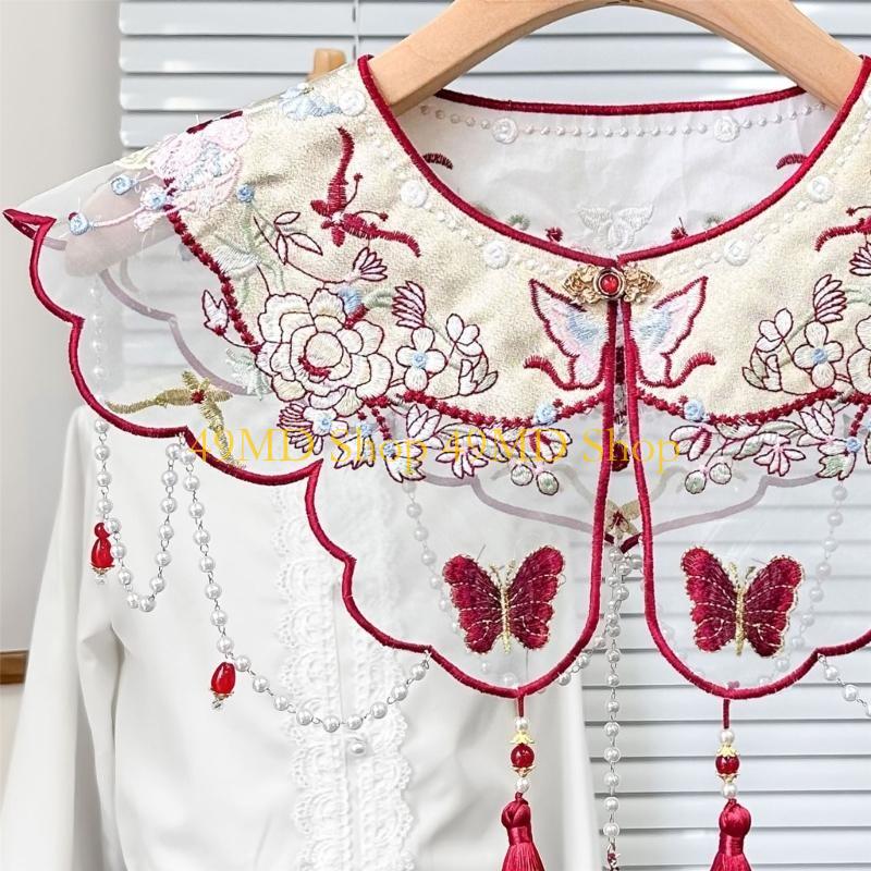 49MD Embroidered Butterfly Floral False Collar Traditional Chinese Styles Beaded Tassels Pendant Shawl Capes Scarf for Women