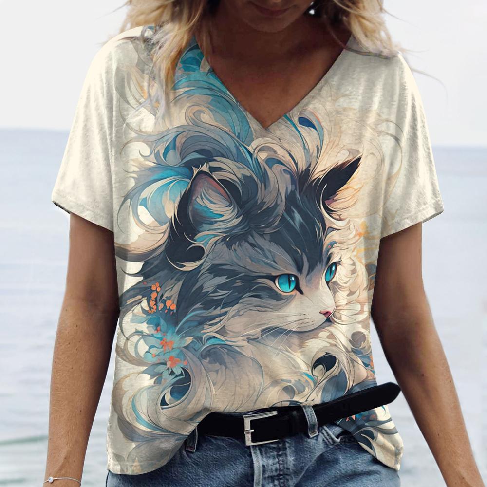 Women T-shirts short sleeve v-neck animal printed summer clothes cute cartoon cat Woman T-shirts 2024 new streetwear tops